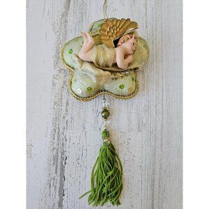 Angel Cherub green vintage sequin beaded ornament Xmas tree tassel